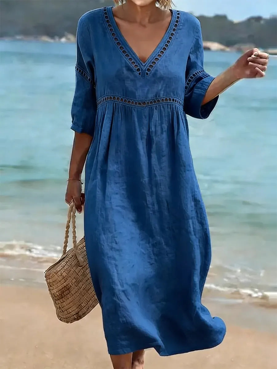 Cleo | V-Neck Lace Trim Midi Dress