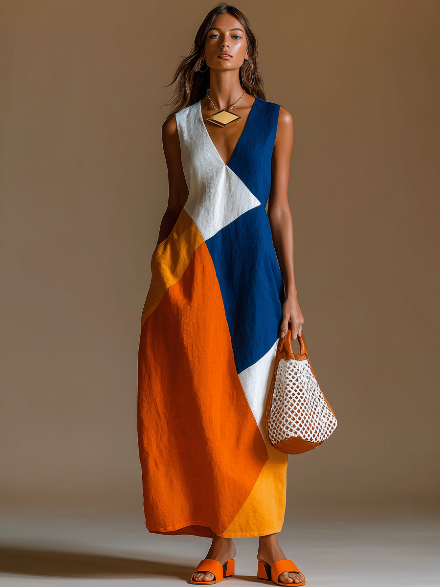 Petra | Colour Block V-Neck Sleeveless Maxi Dress