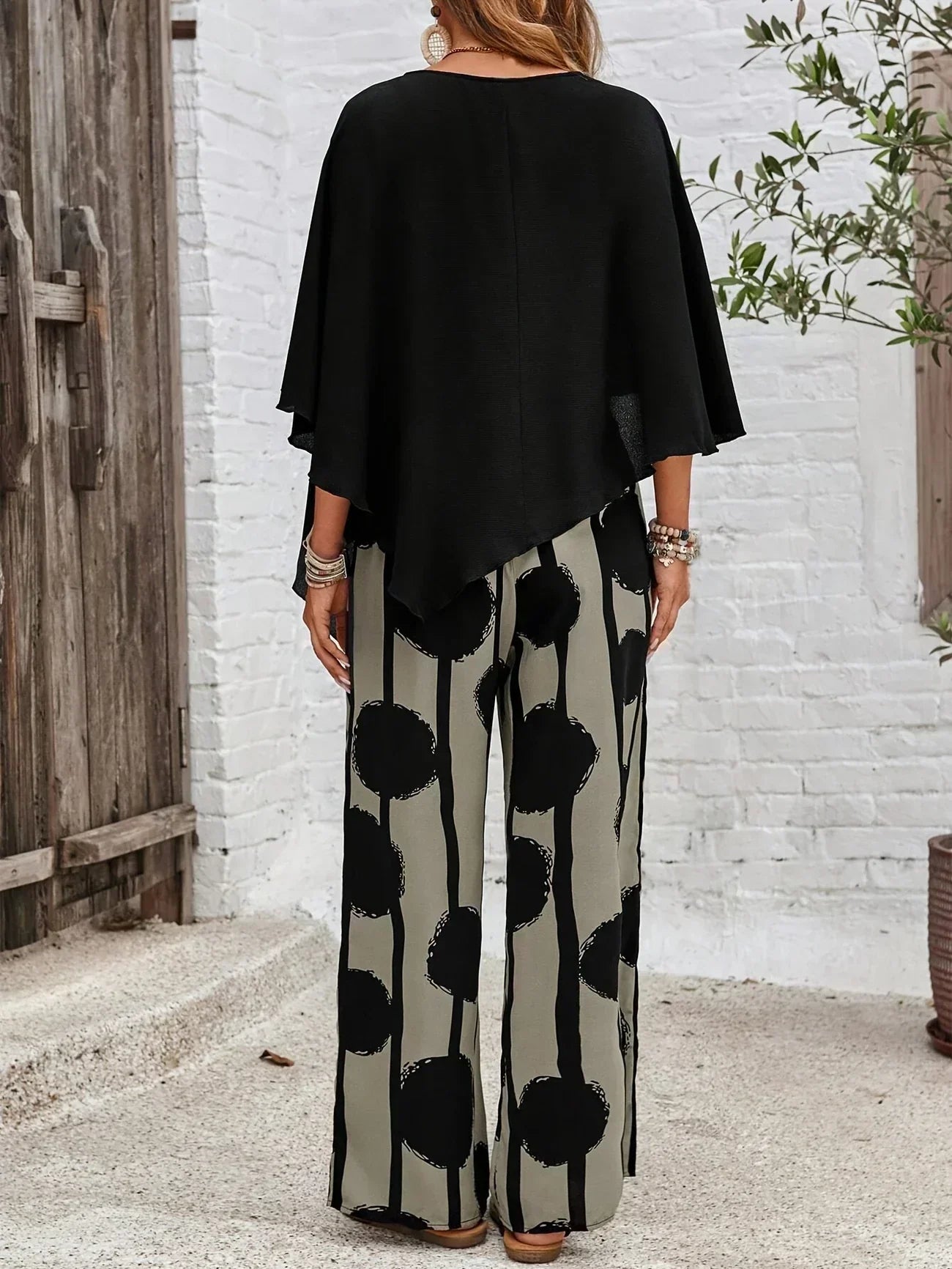 Kalliope | Batwing Top & Printed Wide-Leg Trousers Set