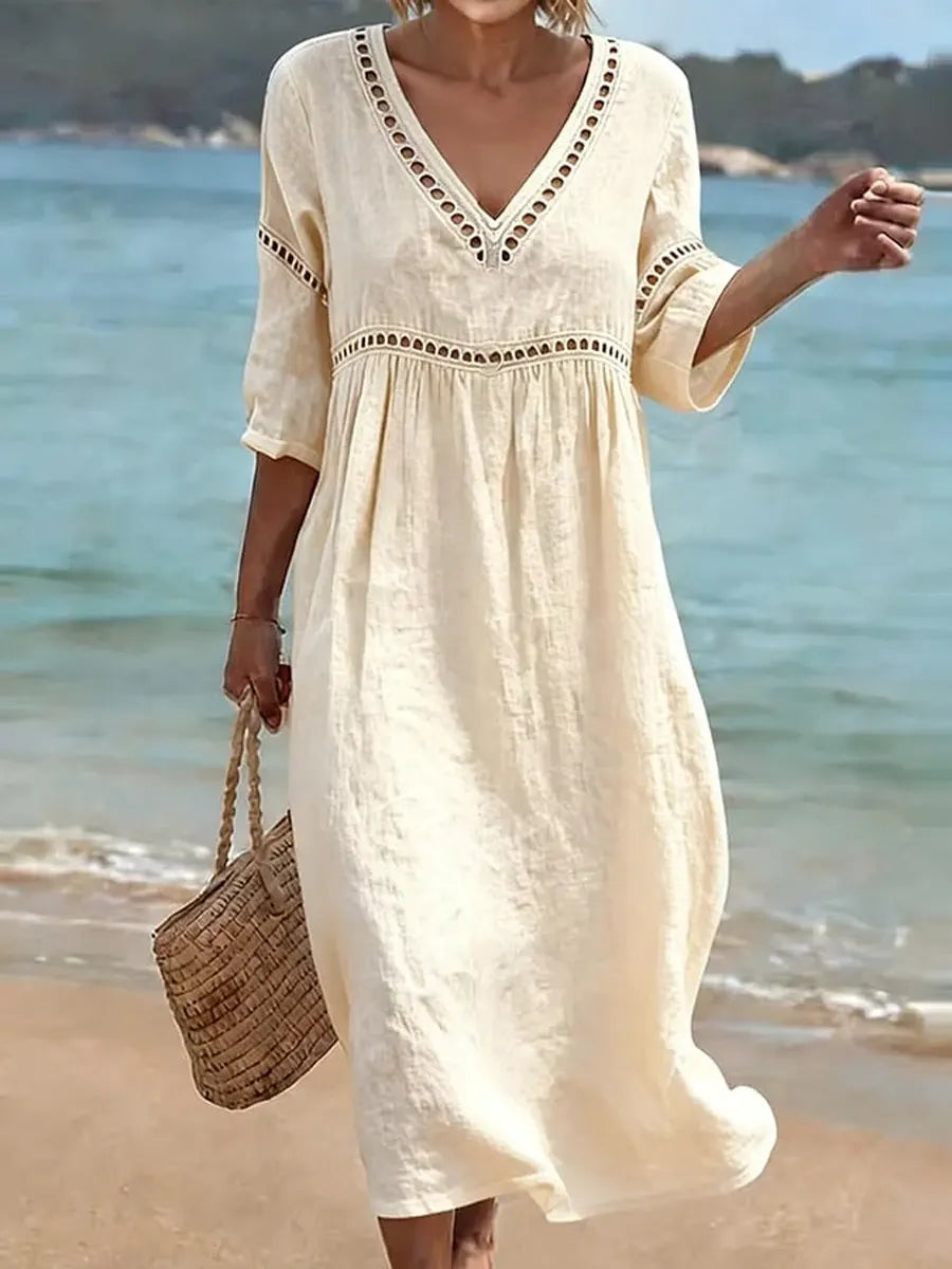 Cleo | V-Neck Lace Trim Midi Dress