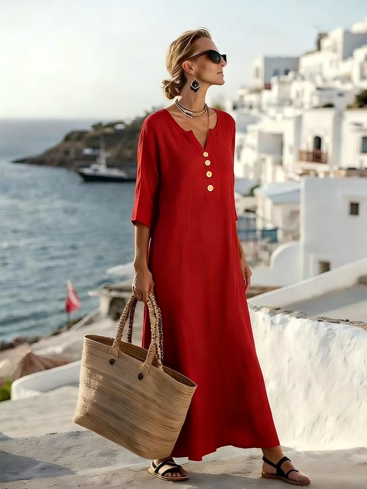 Colette | Button-Front Cotton Linen Three-Quarter Sleeve Maxi Dress