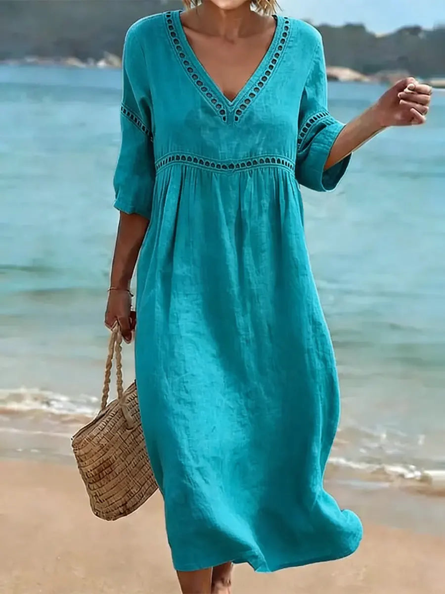 Cleo | V-Neck Lace Trim Midi Dress