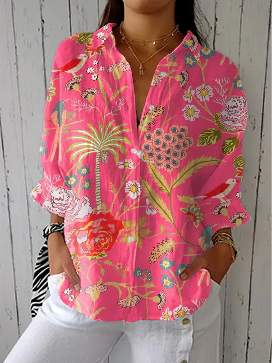 Fiona | Botanical Print Button-Down Blouse