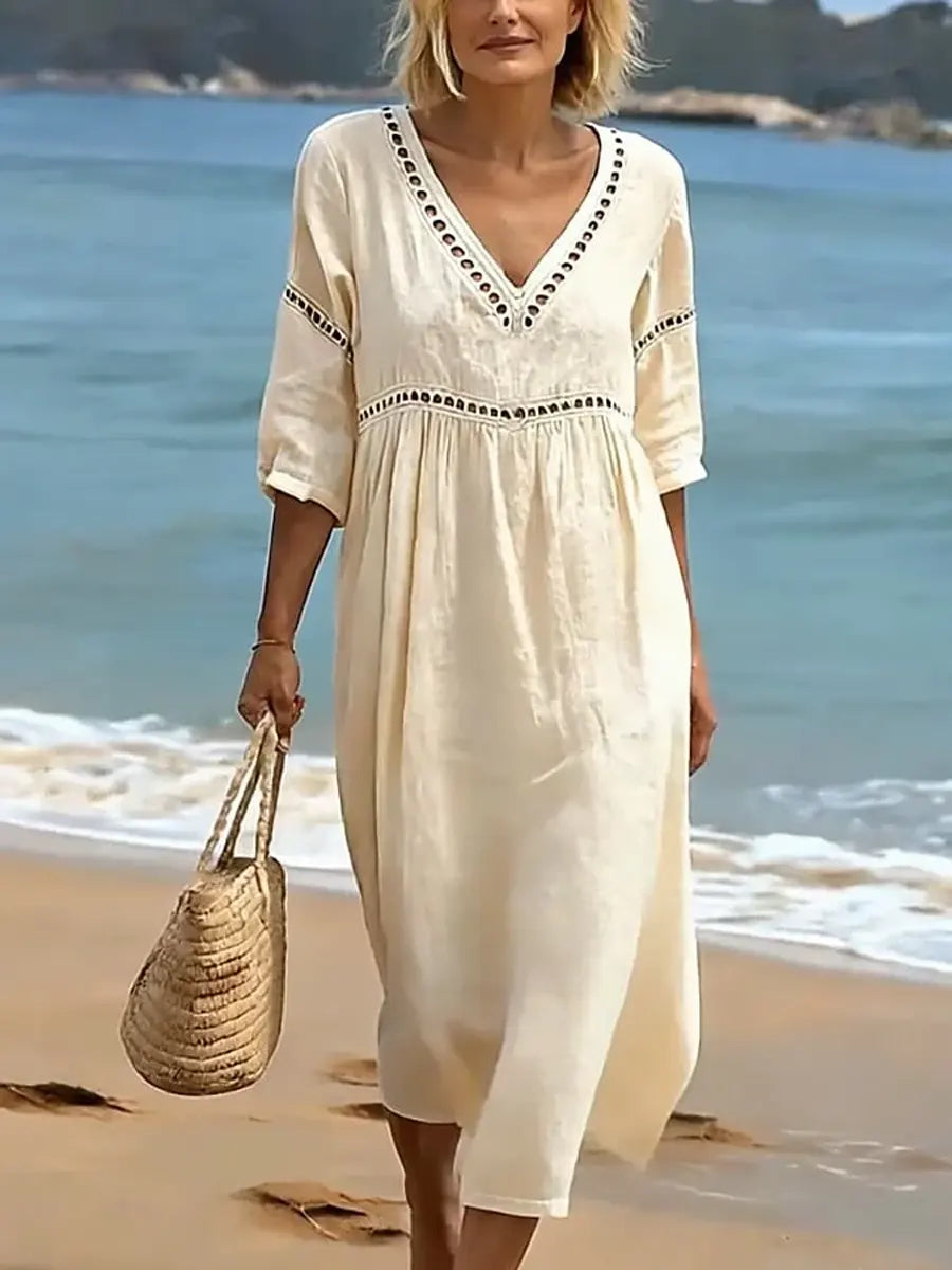 Cleo | V-Neck Lace Trim Midi Dress