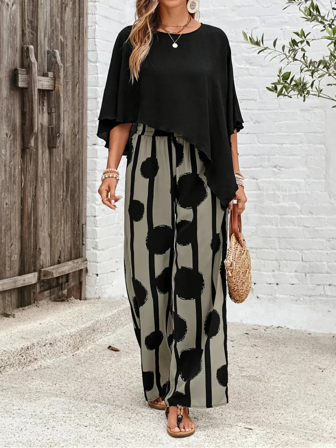 Kalliope | Batwing Top & Printed Wide-Leg Trousers Set