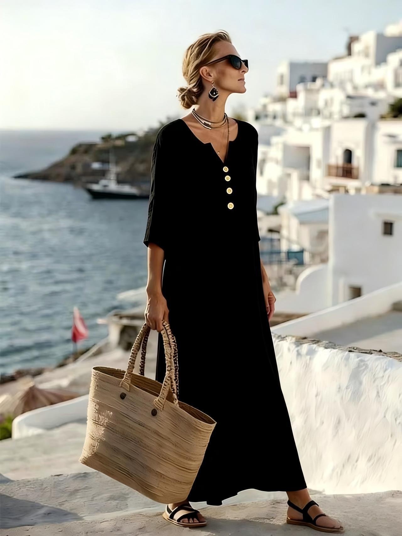 Colette | Button-Front Cotton Linen Three-Quarter Sleeve Maxi Dress