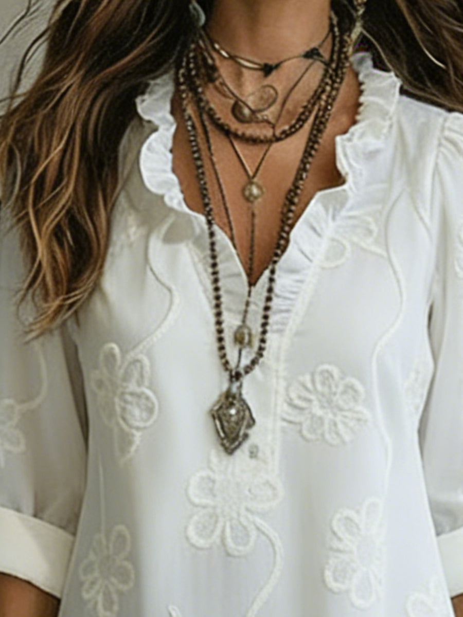 Blanche | Embroidered Ruffle Neck Maxi Dress