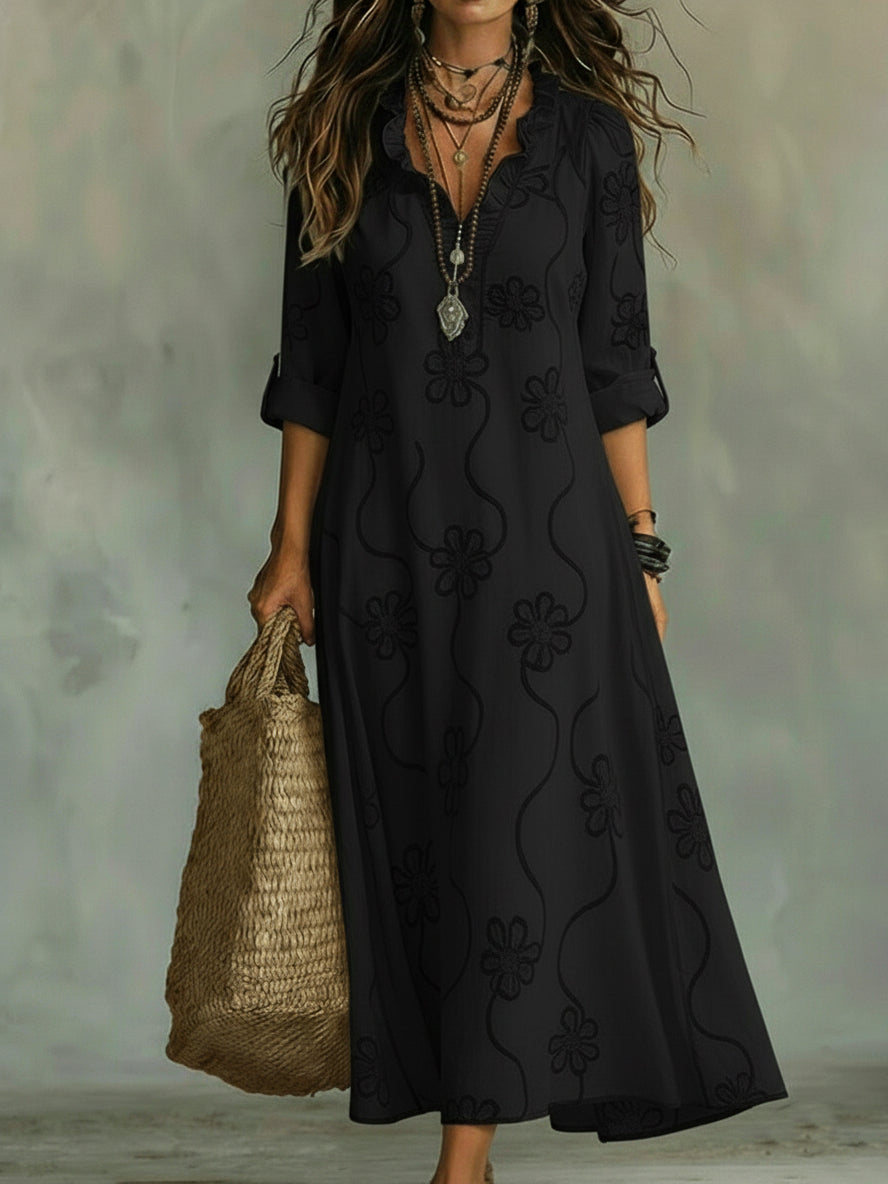 Blanche | Embroidered Ruffle Neck Maxi Dress