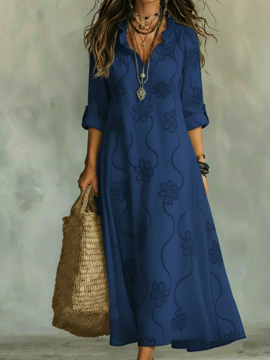 Blanche | Embroidered Ruffle Neck Maxi Dress