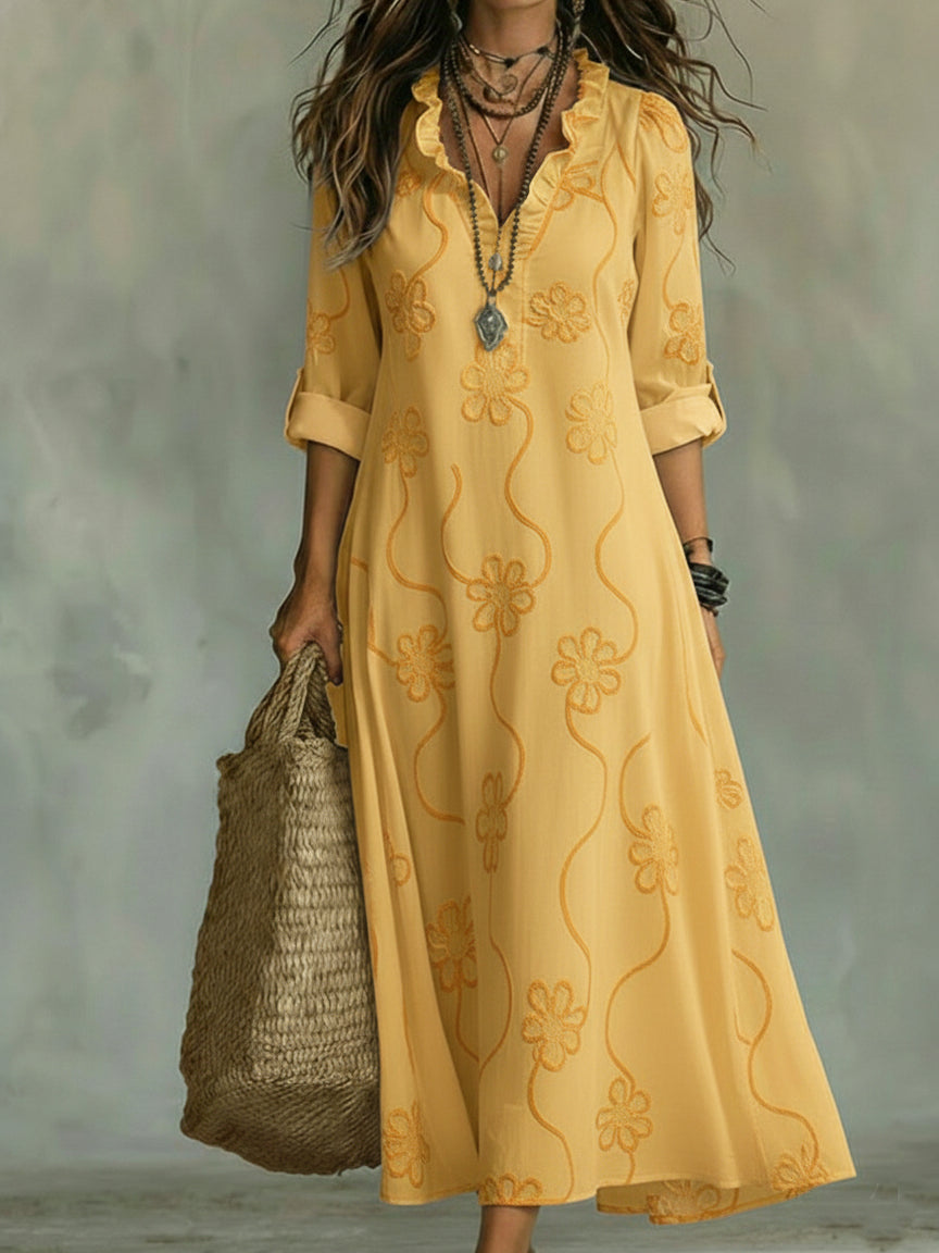 Blanche | Embroidered Ruffle Neck Maxi Dress