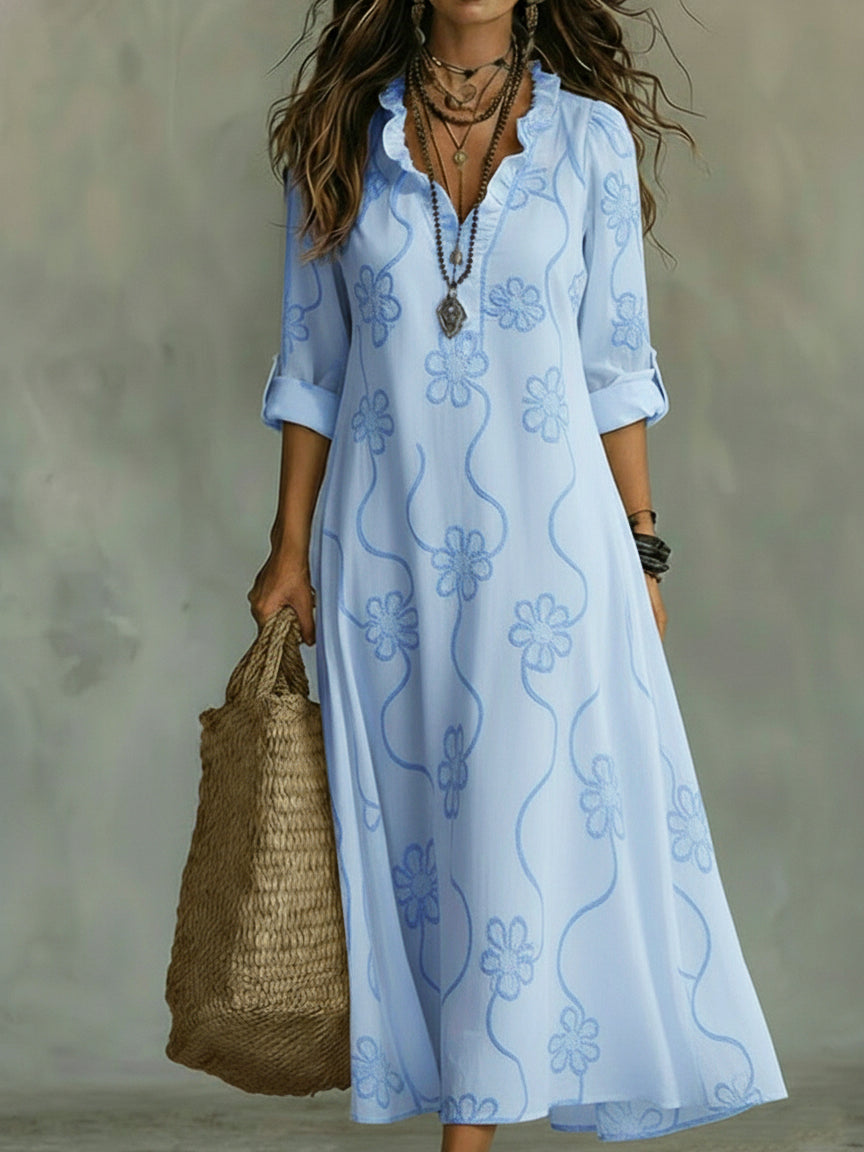 Blanche | Embroidered Ruffle Neck Maxi Dress