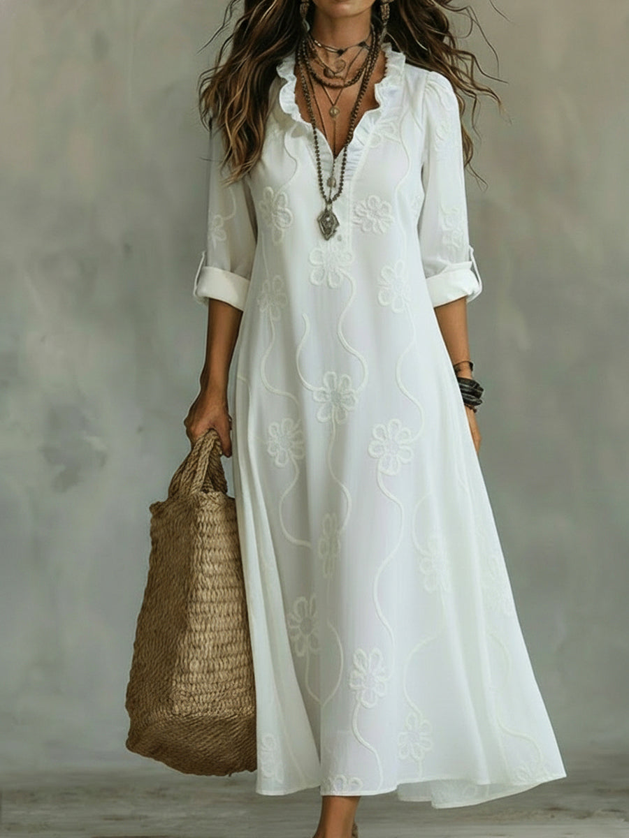 Blanche | Embroidered Ruffle Neck Maxi Dress
