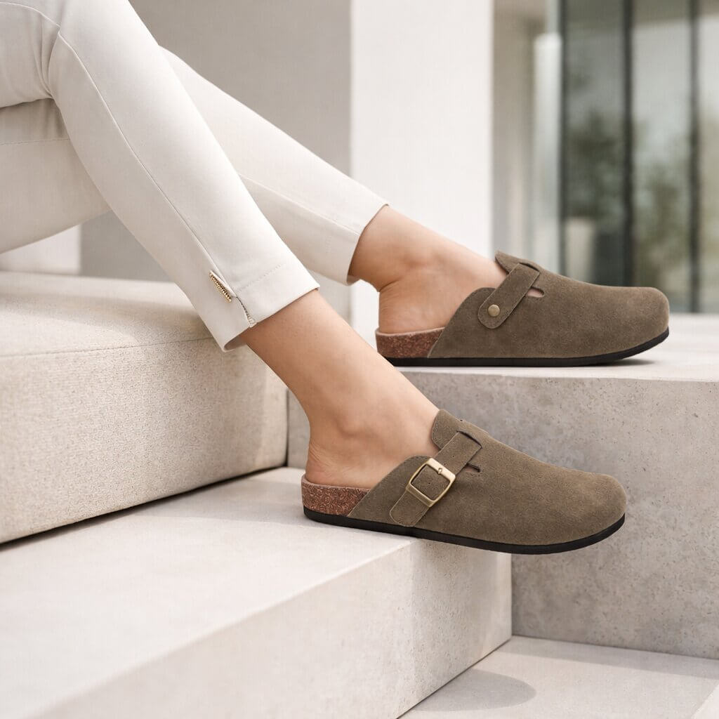 Suede Buckle Clogs | Adjustable Strap & Comfort Footbed