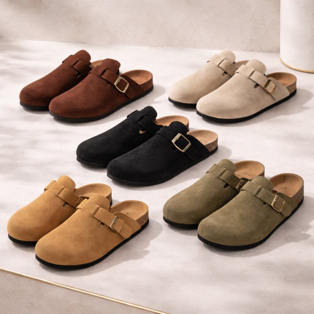 Suede Buckle Clogs | Adjustable Strap & Comfort Footbed
