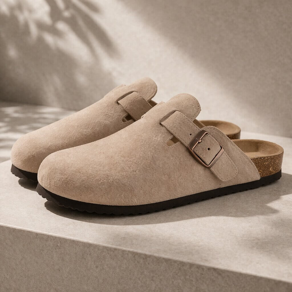 Suede Buckle Clogs | Adjustable Strap & Comfort Footbed