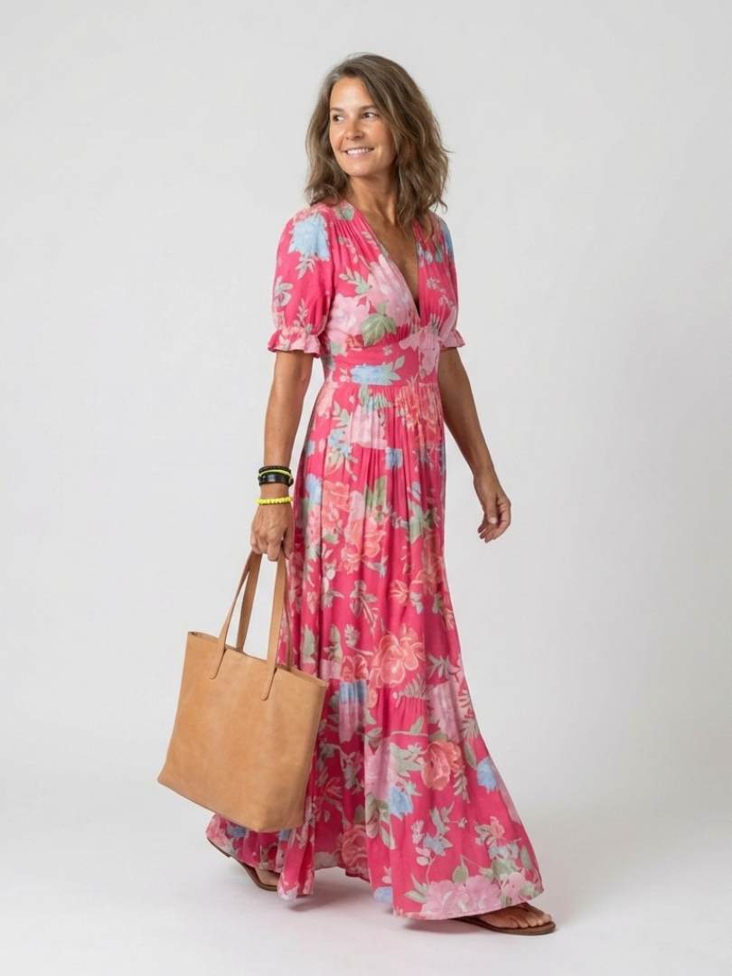 Ione | V-Neck Floral Puff Sleeve Maxi Dress