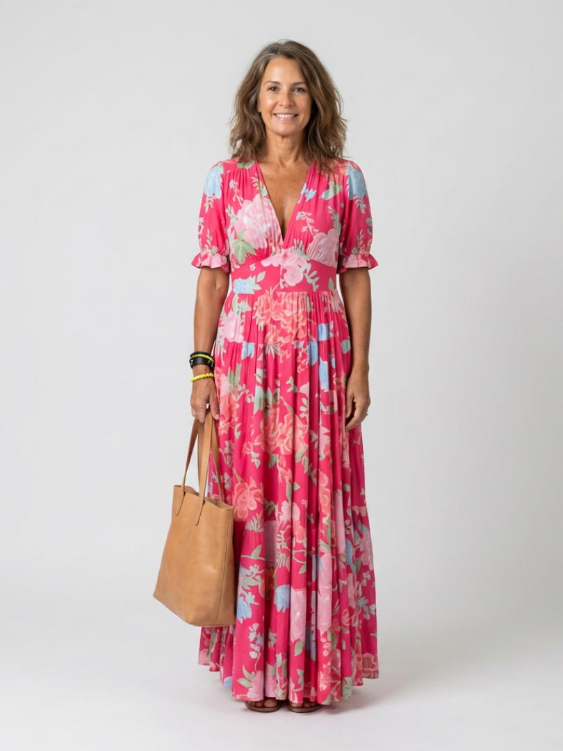 Ione | V-Neck Floral Puff Sleeve Maxi Dress