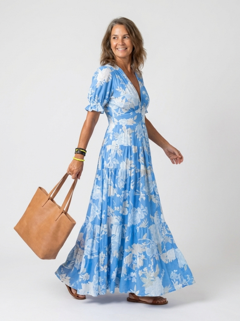 Ione | V-Neck Floral Puff Sleeve Maxi Dress