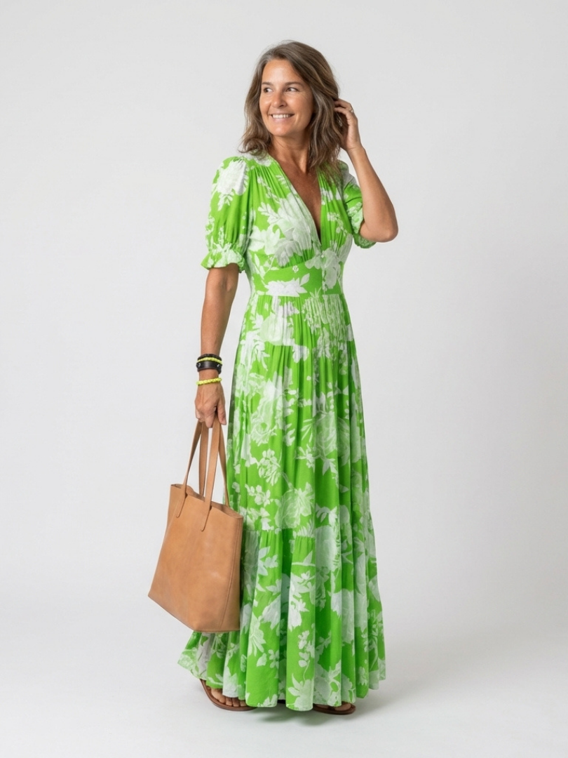 Ione | V-Neck Floral Puff Sleeve Maxi Dress