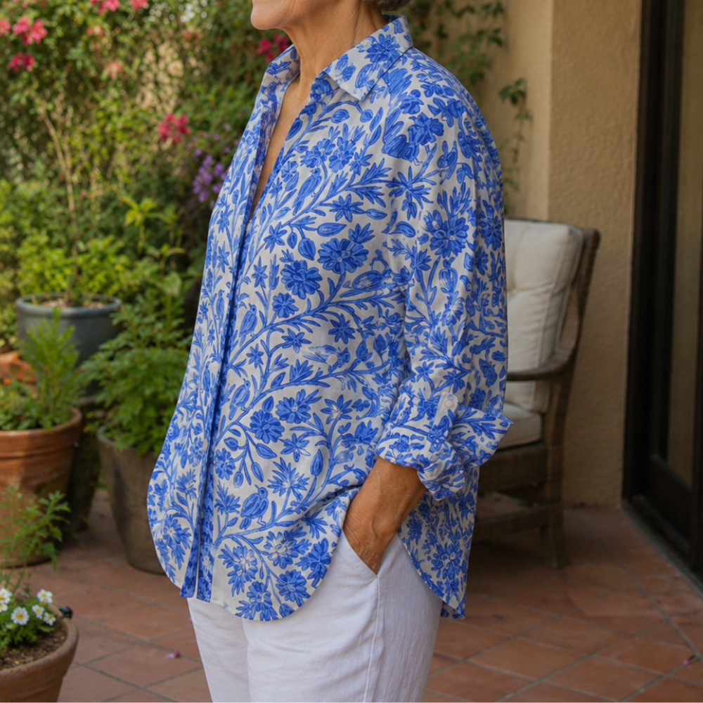 Fiona | Botanical Print Button-Down Blouse
