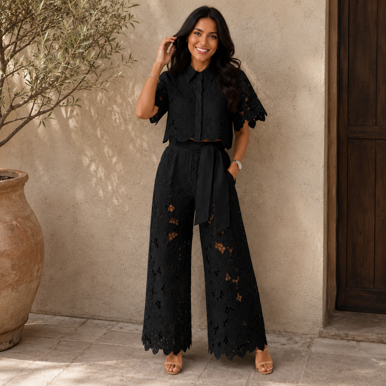 Isabella | Lace Crop Shirt & Tie-Waist Trousers Set