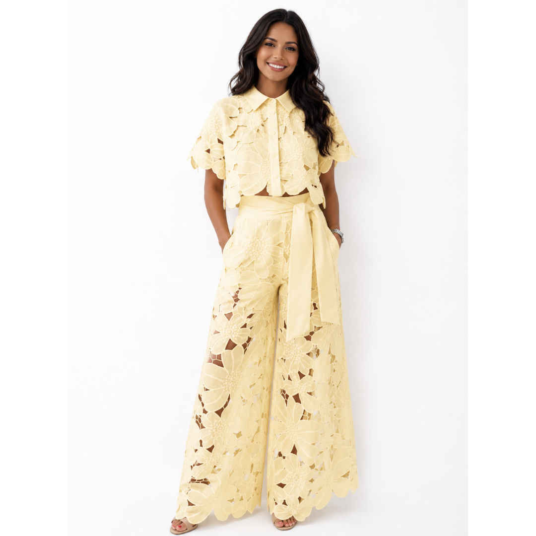 Isabella | Lace Crop Shirt & Tie-Waist Trousers Set