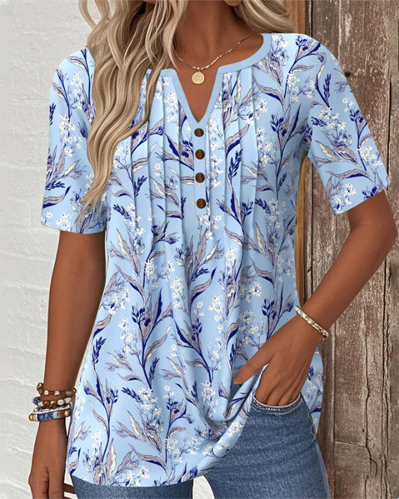 Rosy | Pleated Floral Button-Front Blouse