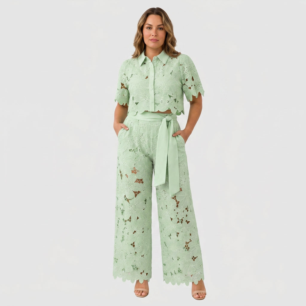 Isabella | Lace Crop Shirt & Tie-Waist Trousers Set