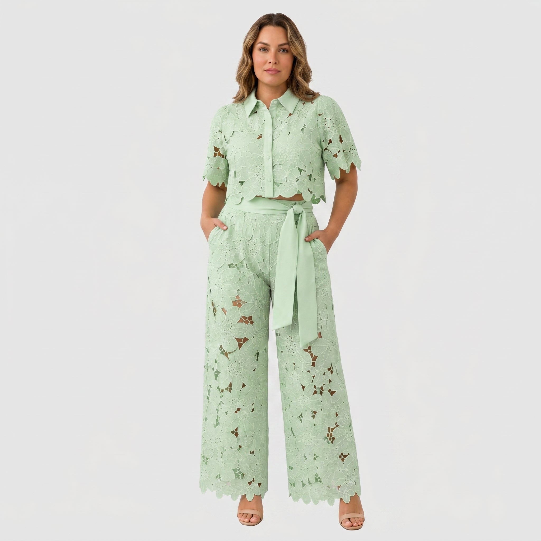 Isabella | Lace Crop Shirt & Tie-Waist Trousers Set
