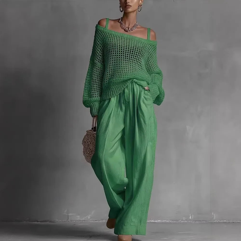 Claribel | Crochet Knit Top & Wide-Leg Trousers Set