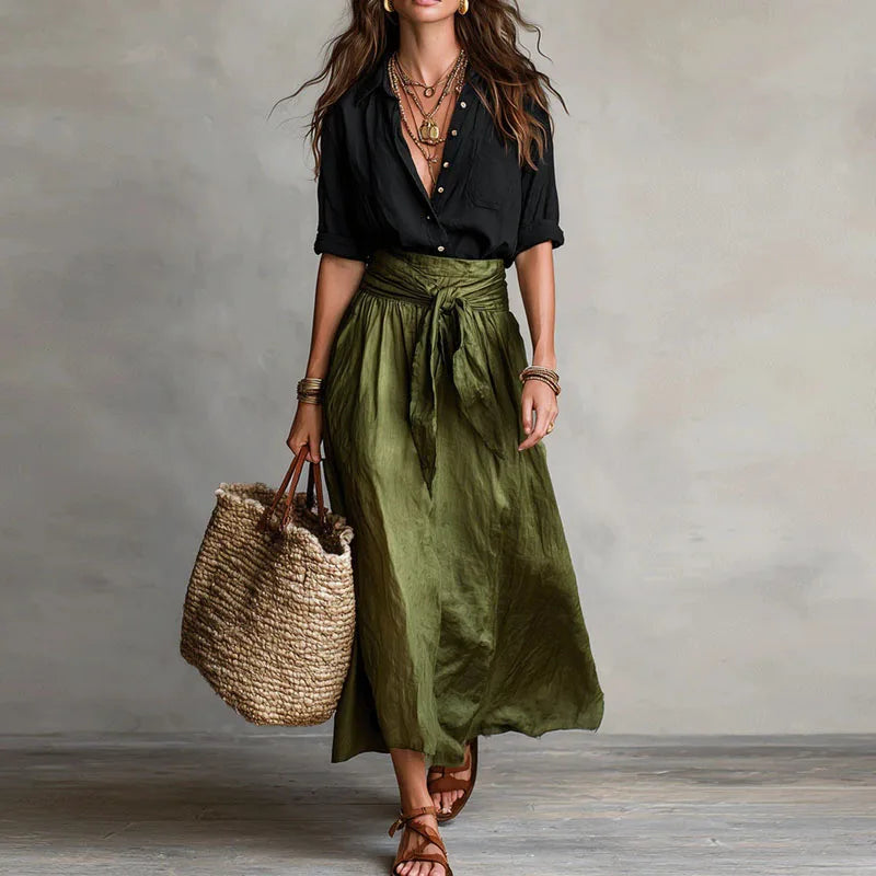 Jeanelle | Linen Shirt & Tie-Waist Skirt Set