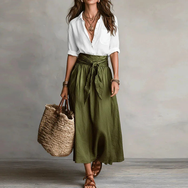 Jeanelle | Linen Shirt & Tie-Waist Skirt Set