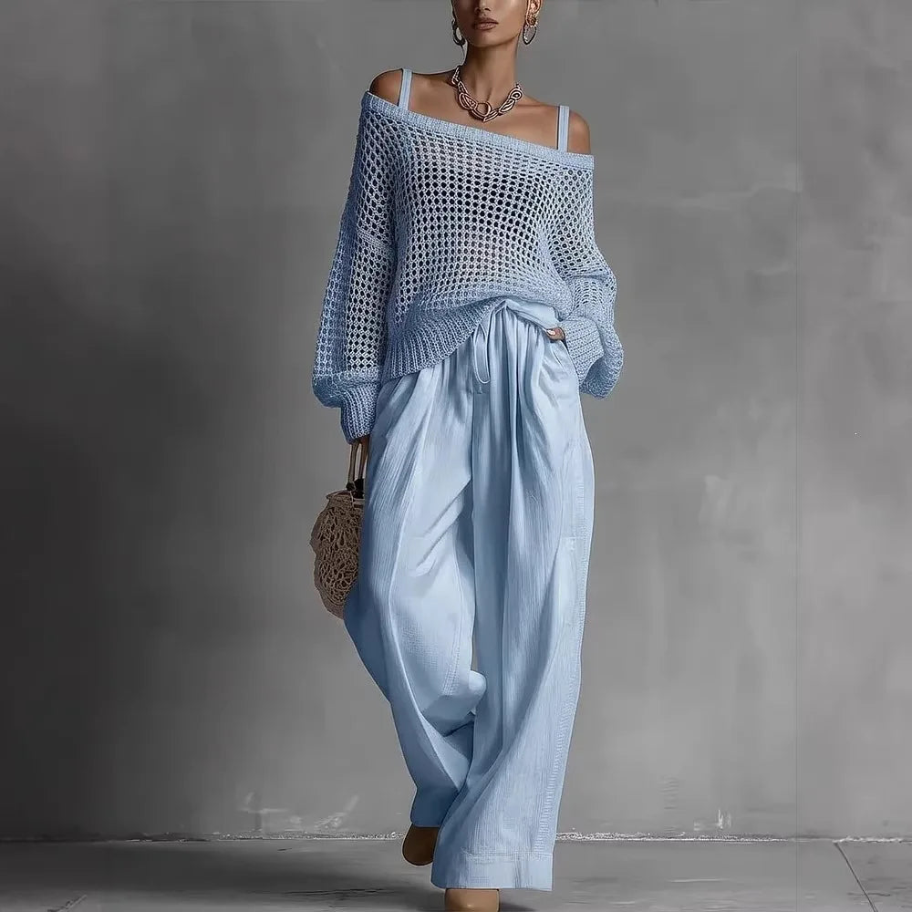 Claribel | Crochet Knit Top & Wide-Leg Trousers Set