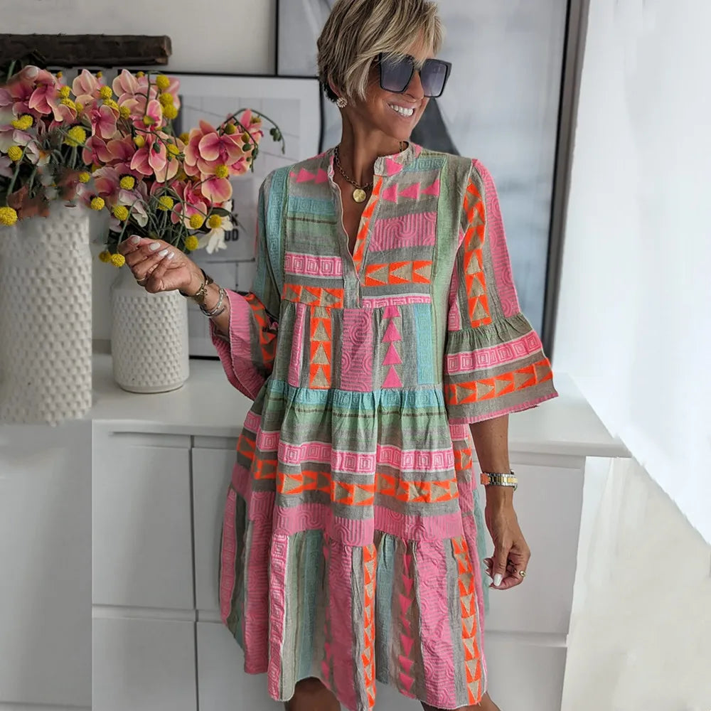 Juliane | Geometric Print Tiered Swing Dress