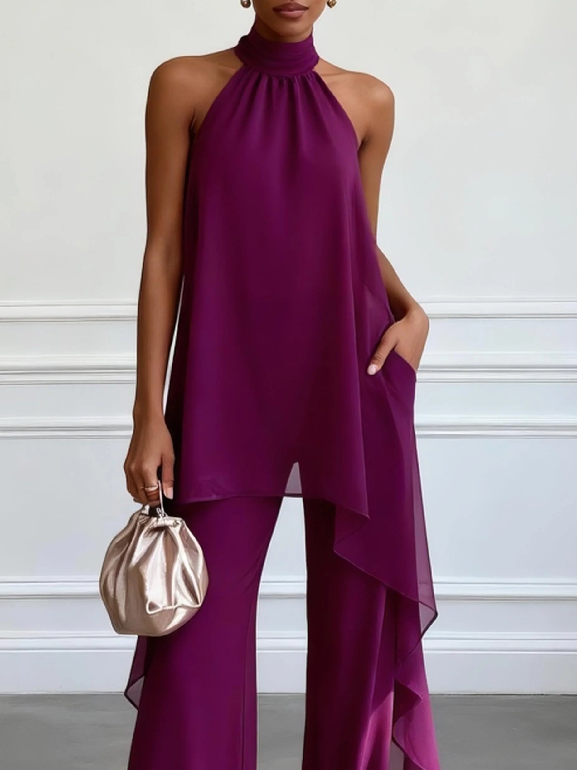 Vivienne | Asymmetric Halter Top & Wide-Leg Trouser Set
