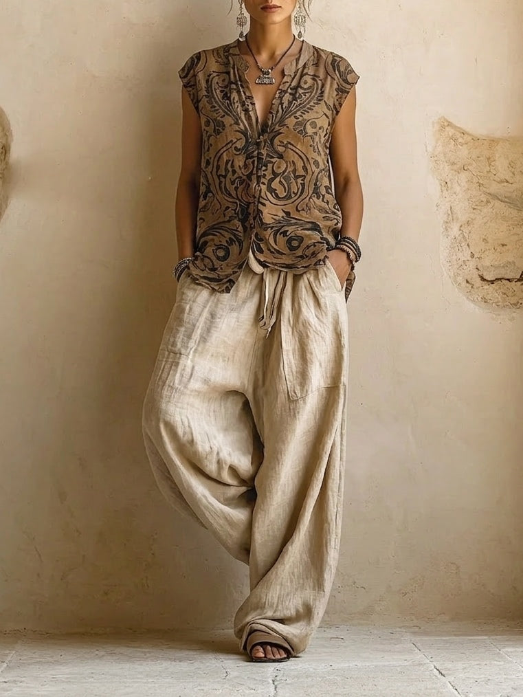 Giulia | Layered Boho Print Top & Wide-Leg Trouser Set