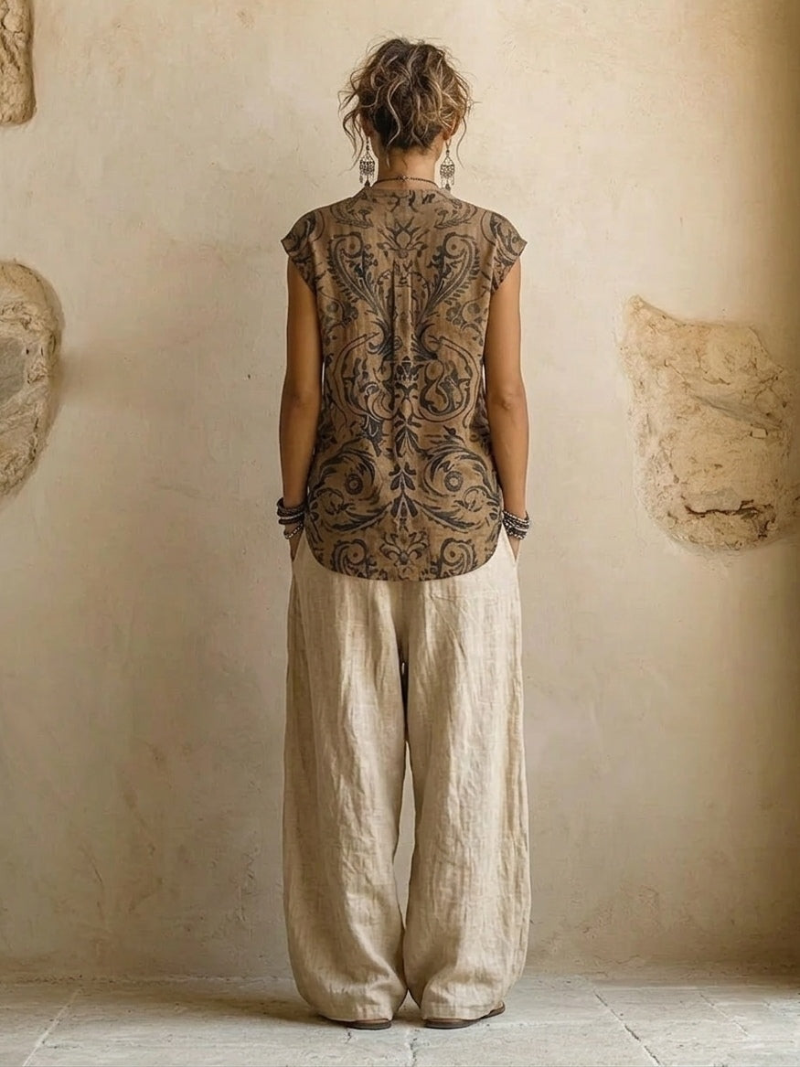 Giulia | Layered Boho Print Top & Wide-Leg Trouser Set