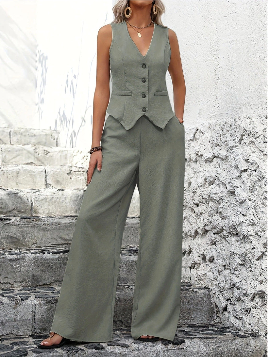 Margot | Button-Front Waistcoat & Wide-Leg Trousers Set