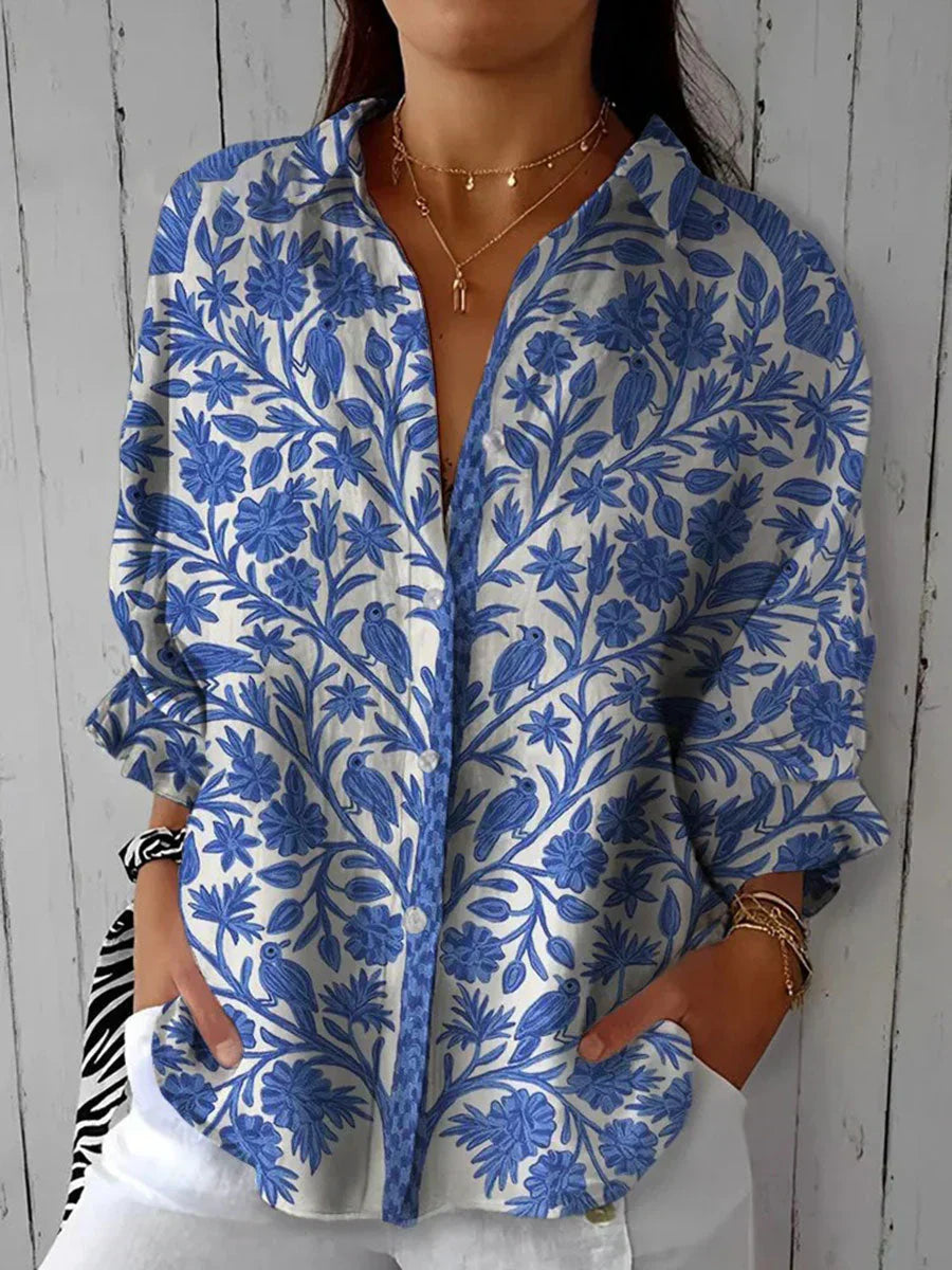 Fiona | Botanical Print Button-Down Blouse