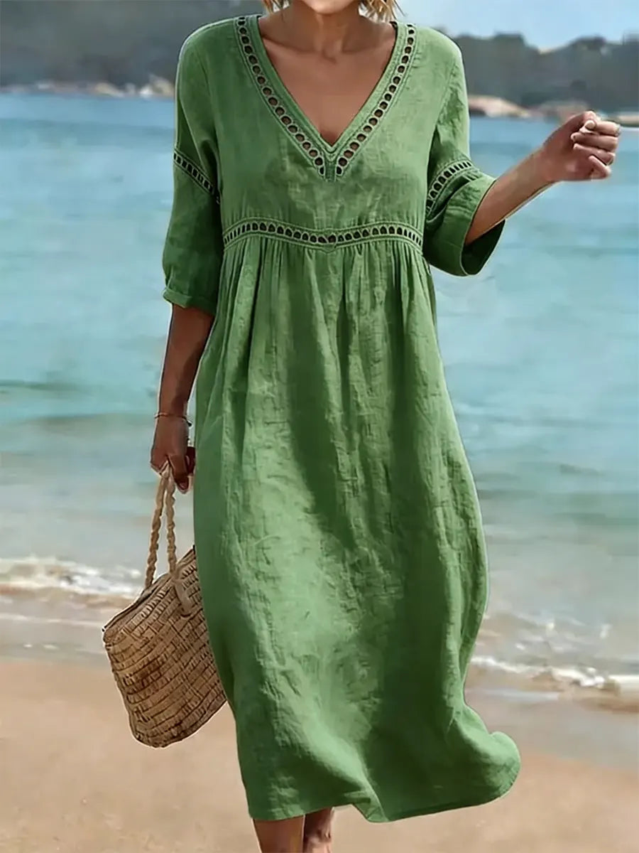 Cleo | V-Neck Lace Trim Midi Dress