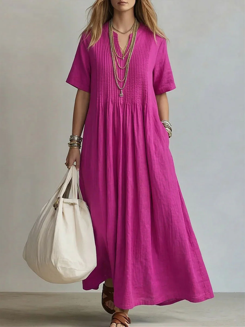 Margot | Pintuck V-Neck Short Sleeve Maxi Dress