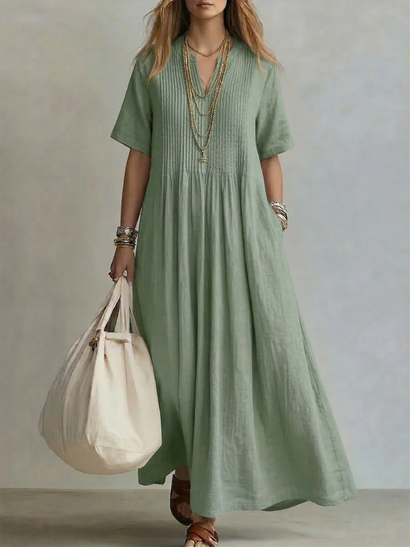Margot | Pintuck V-Neck Short Sleeve Maxi Dress