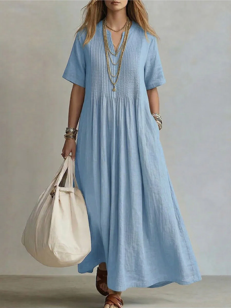 Margot | Pintuck V-Neck Short Sleeve Maxi Dress