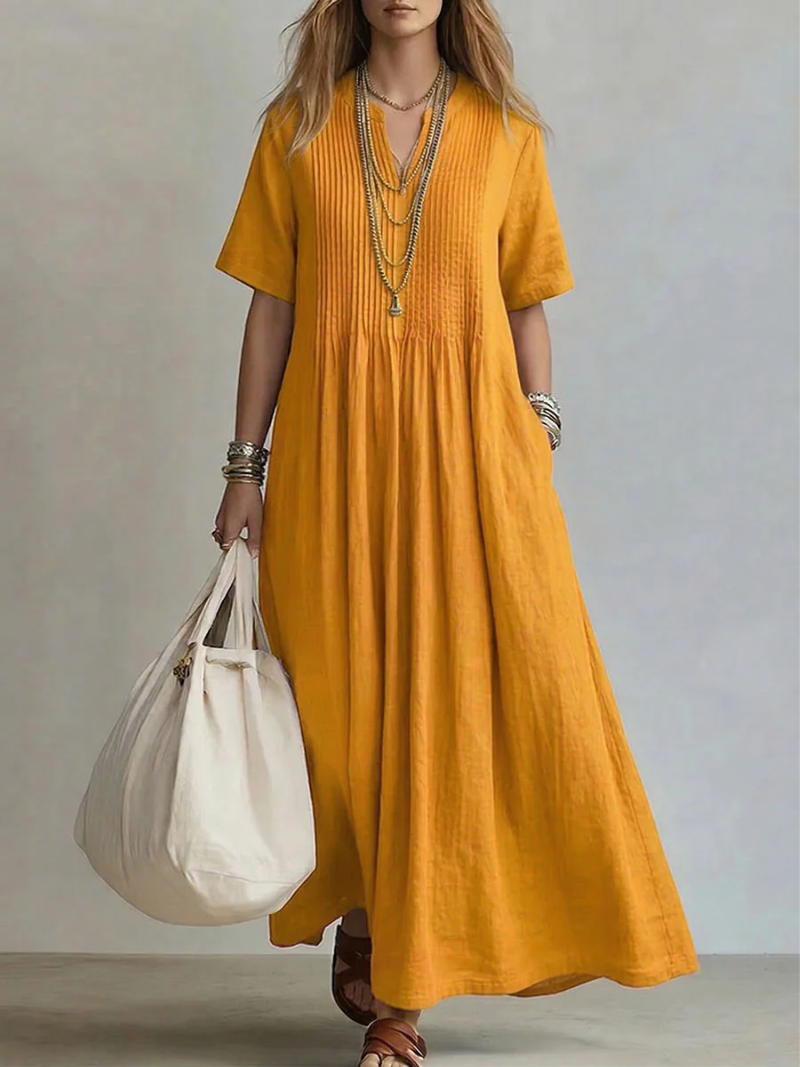 Margot | Pintuck V-Neck Short Sleeve Maxi Dress