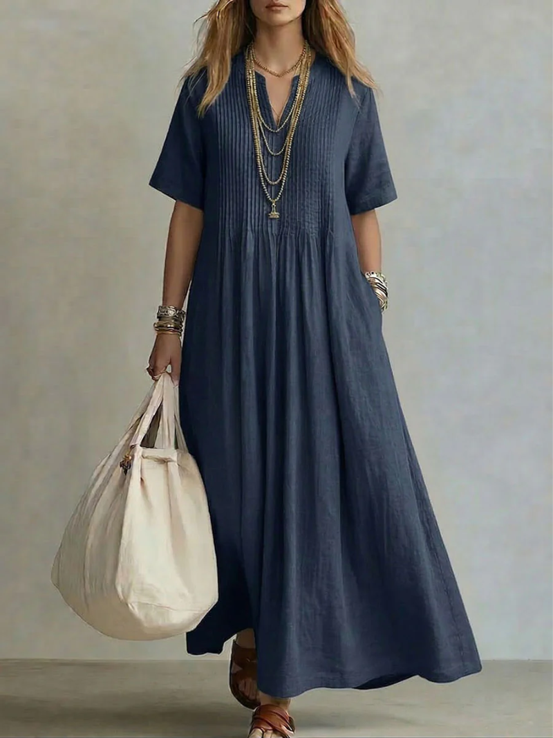 Margot | Pintuck V-Neck Short Sleeve Maxi Dress