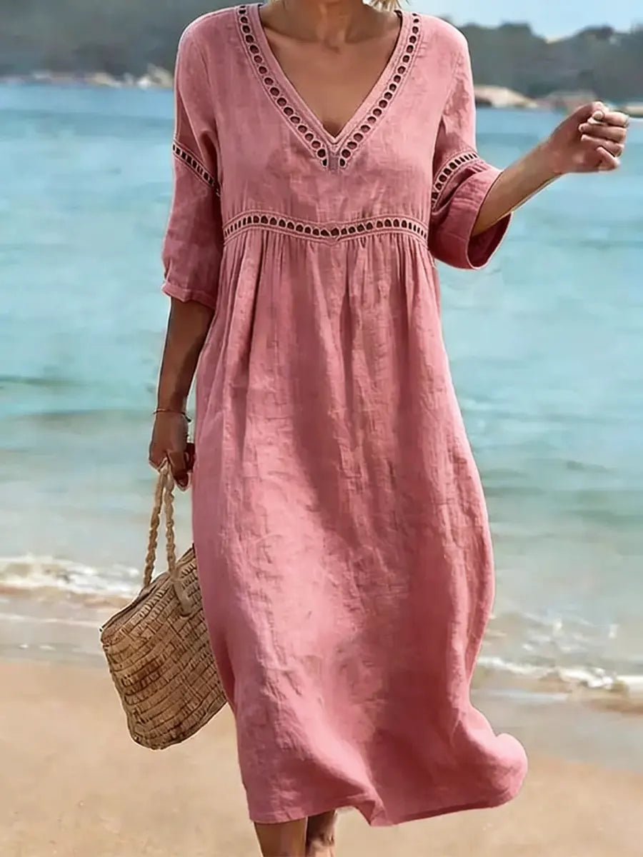 Cleo | V-Neck Lace Trim Midi Dress