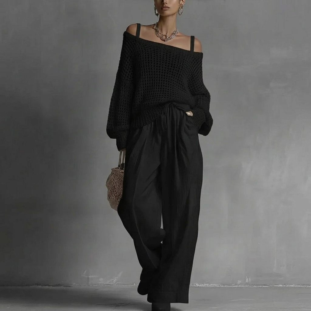 Claribel | Crochet Knit Top & Wide-Leg Trousers Set