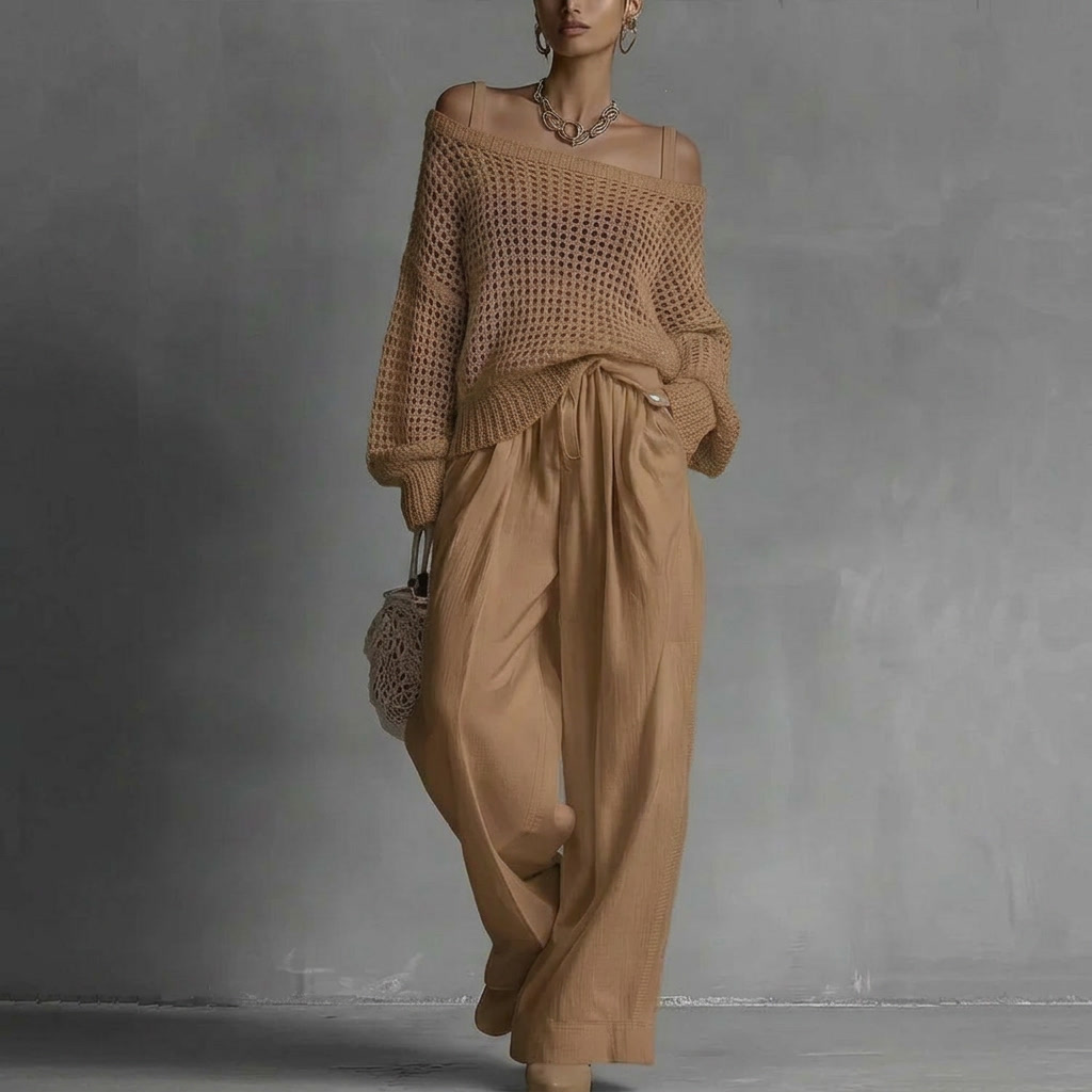 Claribel | Crochet Knit Top & Wide-Leg Trousers Set