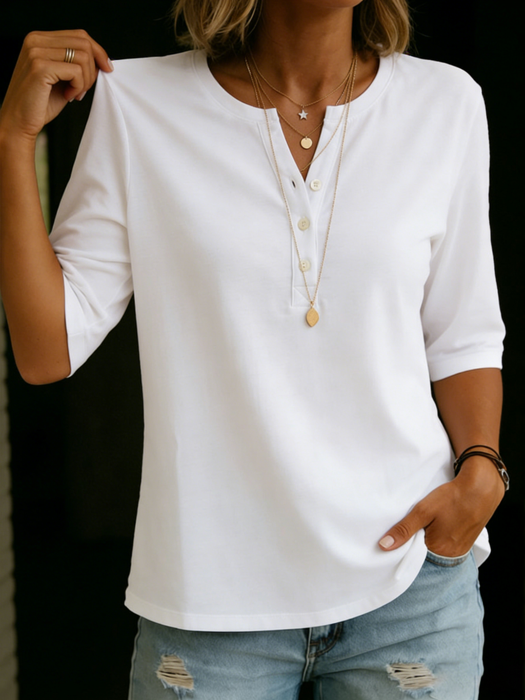 Nora | Half-Sleeve Henley Button Top