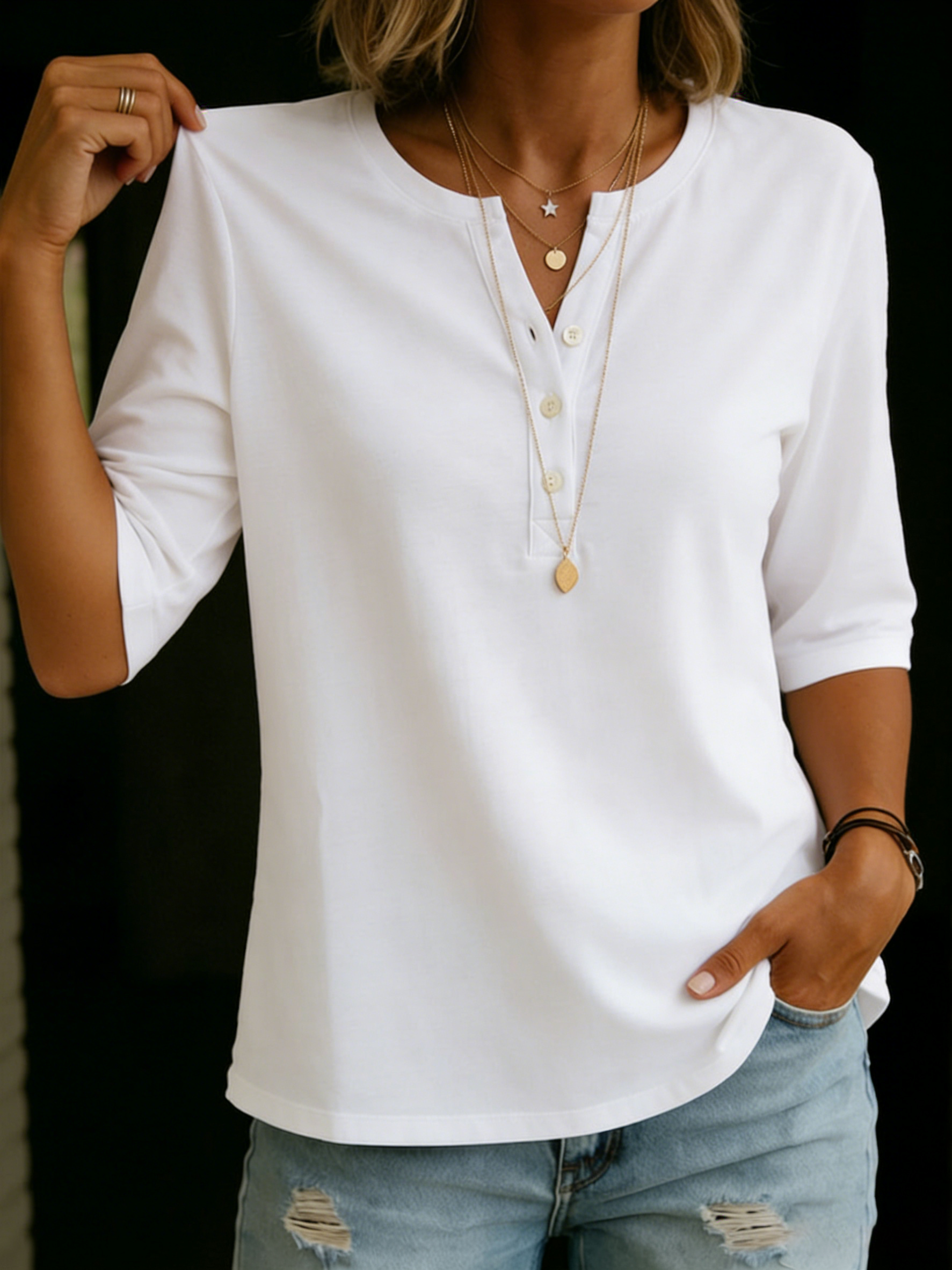 Nora | Half-Sleeve Henley Button Top